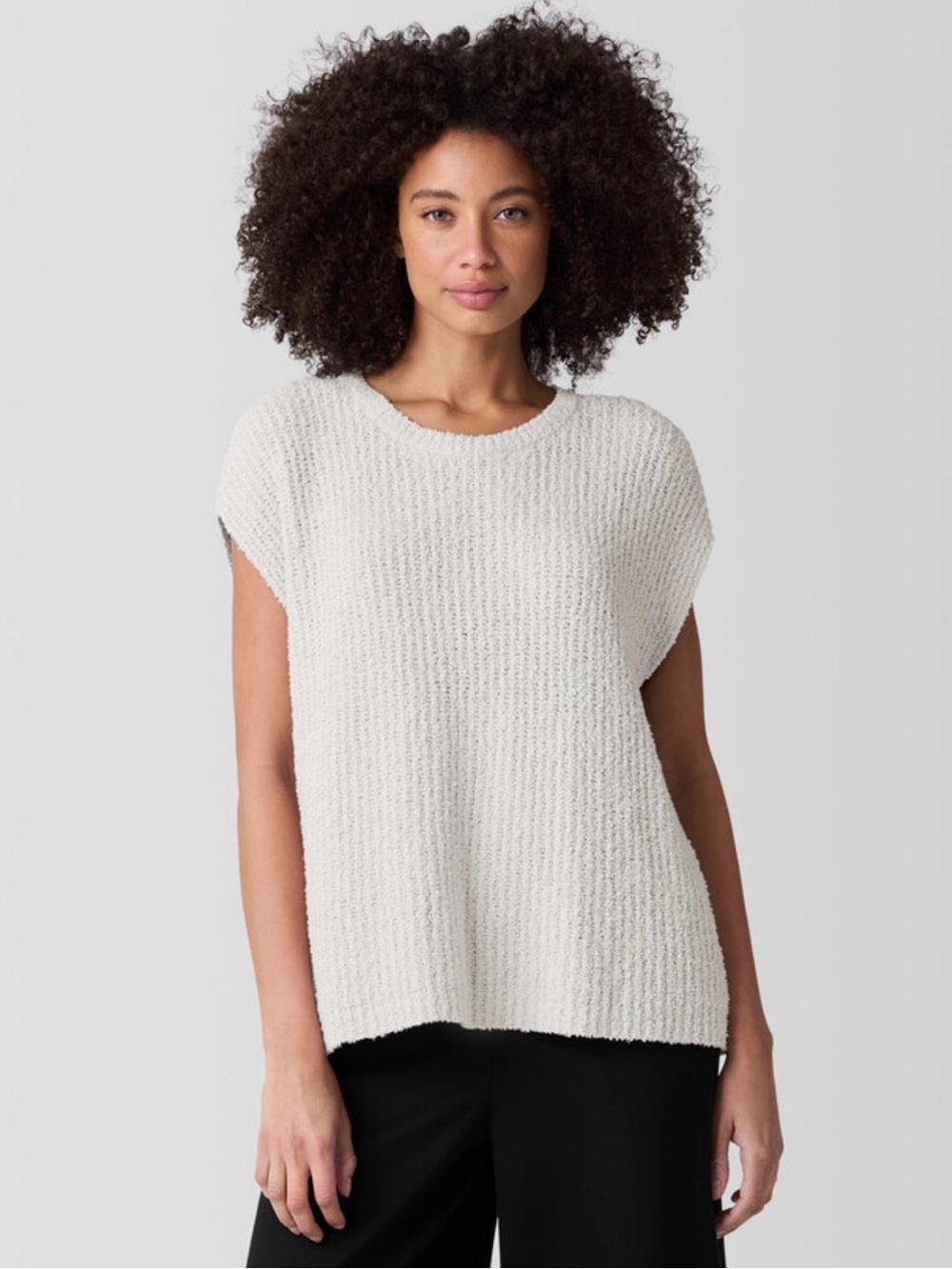 Eileen Fisher White Cotton Fluff Short-Sleeve Crew Neck Textured Knit Top, M